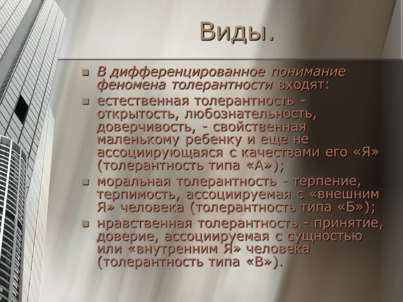 Виды. В дифференцированное понимание феномена толерантности входят: естественная толерантность - открытость, любознательность, доверчивость, -